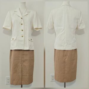 Vintage Le Suit Size 6 Cream and Beige 2-Piece Short-sleeved Blazer Skirt Busine